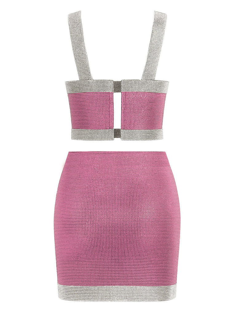 2PCS 1980s Metallic Cross Neck Top & Skirt - vintage skirt, retro style