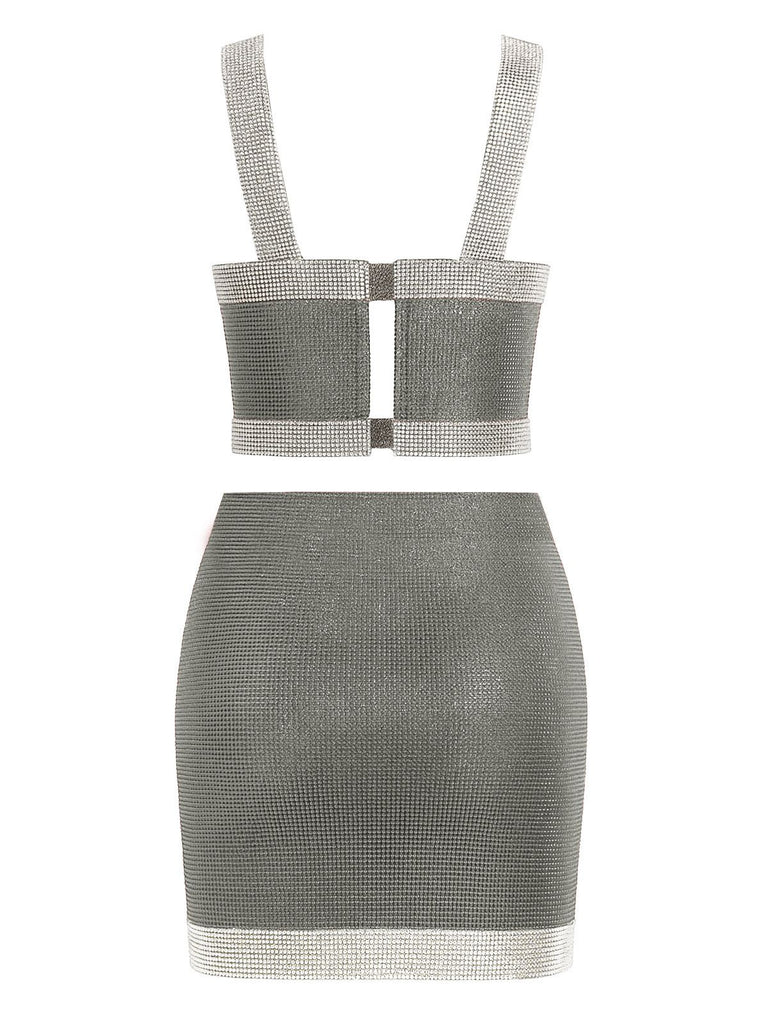 2PCS 1980s Metallic Cross Neck Top & Skirt - vintage skirt, retro style