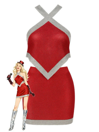 2PCS 1980s Metallic Cross Neck Top & Skirt - vintage skirt, retro style