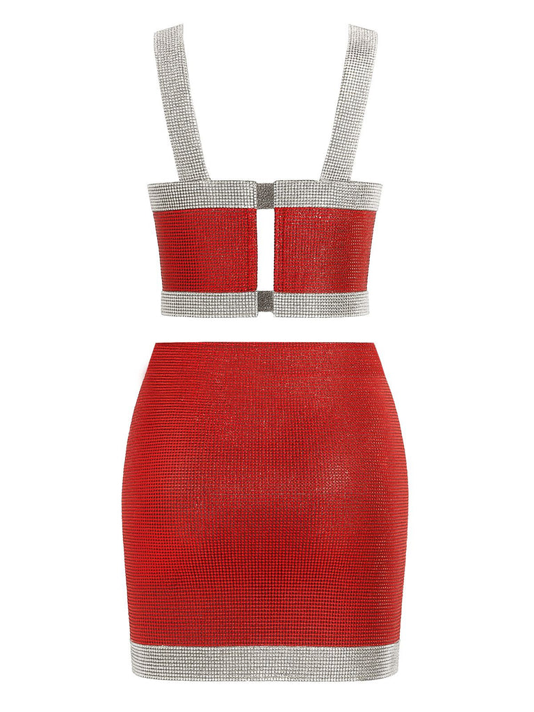 2PCS 1980s Metallic Cross Neck Top & Skirt - vintage skirt, retro style