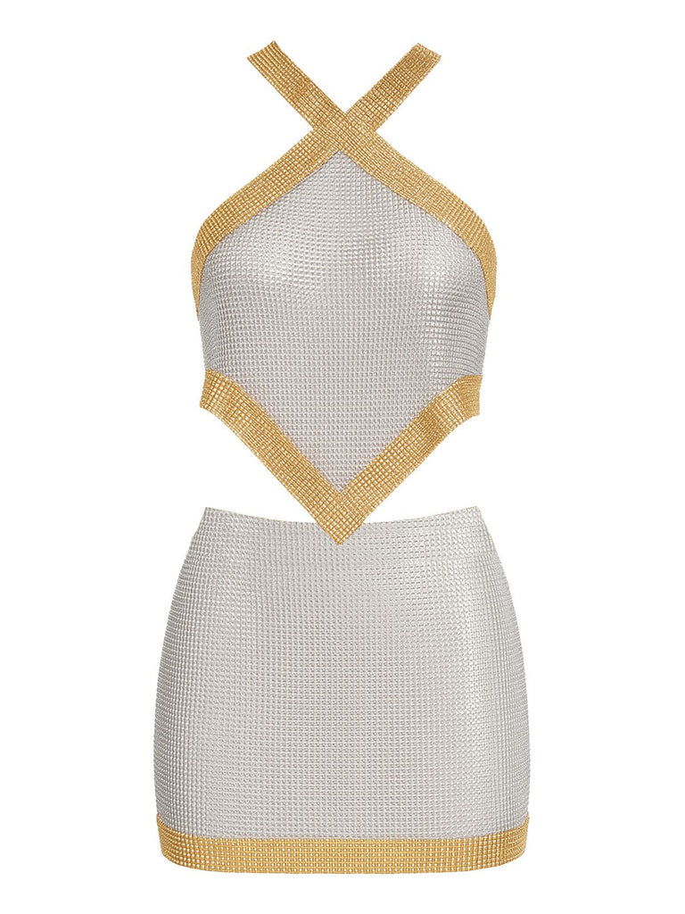 2PCS 1980s Metallic Cross Neck Top & Skirt - vintage skirt, retro style