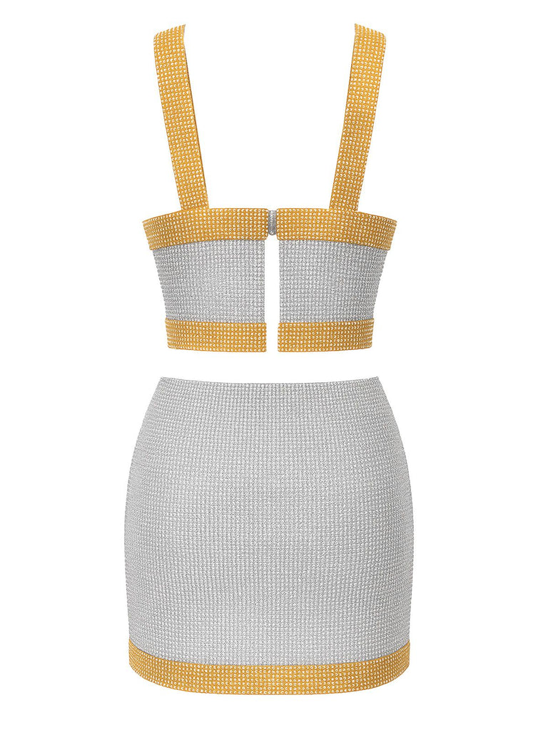 2PCS 1980s Metallic Cross Neck Top & Skirt - vintage skirt, retro style