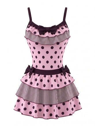 2PCS 1980s Polka Dot Sleeveless Tank Top & Layered Mini Skirt, vintage skirt, retro style - perfect for women who love vintage and retro fashion