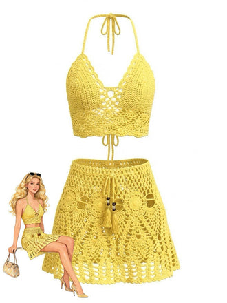 2PCS 1980s Solid Crochet Cover Up Set, bohemian cover up, beach wear - perfect for women who love vintage and retro fashion