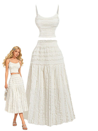 2PCS Beige 1940s Ruffle Cropped Cami Top & Skirt - vintage skirt, rockabilly for women