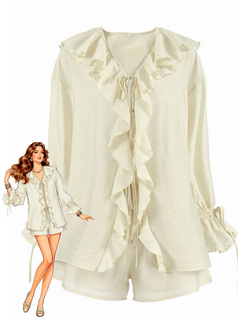 2PCS Beige 1940s Ruffle Lace-up Cardigan & Shorts Set - vintage fashion, retro style, classic elegance for vintage lovers