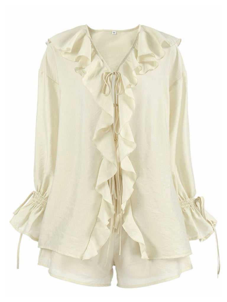 2PCS Beige 1940s Ruffle Lace-up Cardigan & Shorts Set: beautiful vintage fashion, retro style, classic elegance with timeless appeal