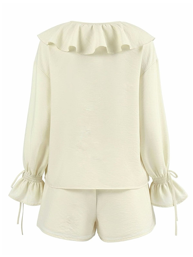 2PCS Beige 1940s Ruffle Lace-up Cardigan & Shorts Set | vintage fashion, retro style, classic elegance - perfect for retro fashion enthusiasts