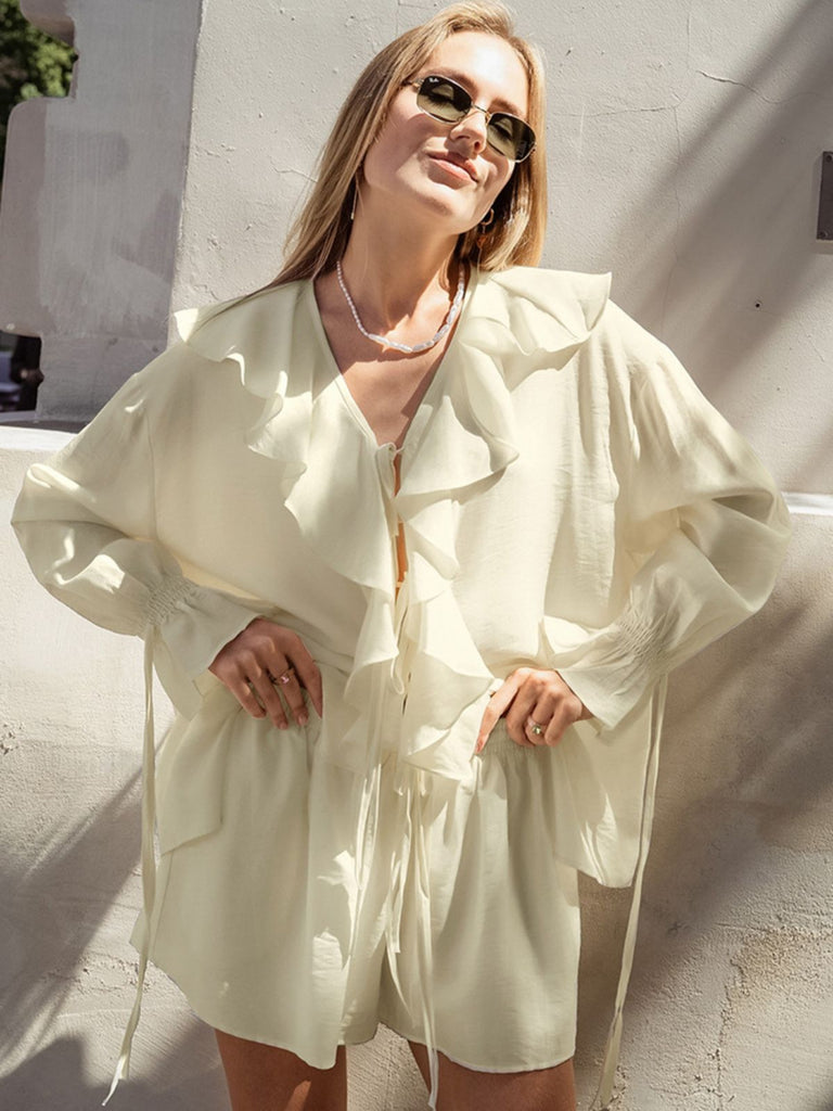 2PCS Beige 1940s Ruffle Lace-up Cardigan & Shorts Set - vintage fashion, retro style, classic elegance for vintage lovers