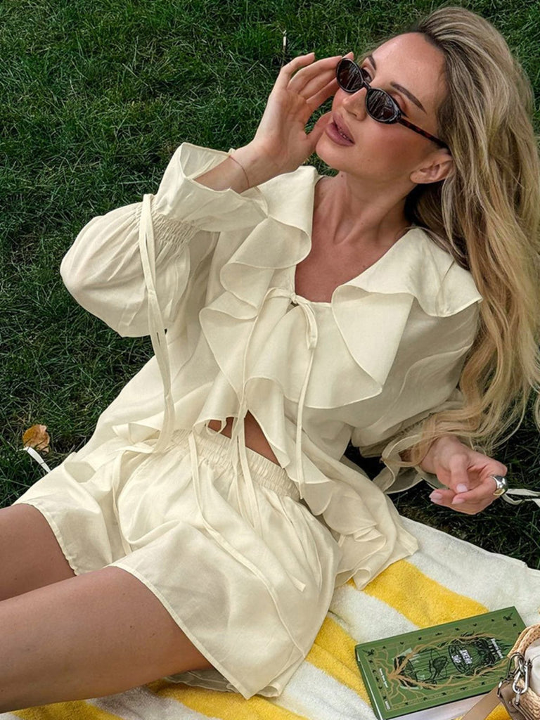 2PCS Beige 1940s Ruffle Lace-up Cardigan & Shorts Set: beautiful vintage fashion, retro style, classic elegance with timeless appeal