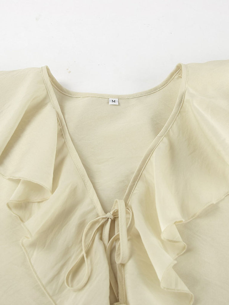 2PCS Beige 1940s Ruffle Lace-up Cardigan & Shorts Set | vintage fashion, retro style, classic elegance - perfect for retro fashion enthusiasts