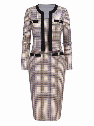 She slips into this 2PCS Beige 1960s Knitted Straps Pencil Dress & Short Coat and suddenly it's a 1960s daydream