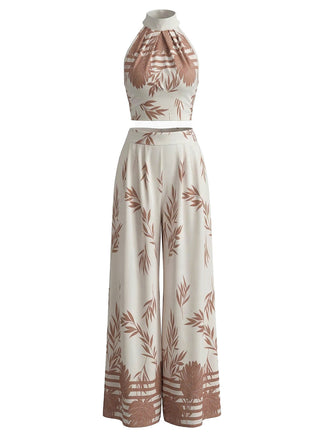 2PCS Beige 1970s Leaf Print Halter Top & Wide-Leg Pants - vintage blouse, retro top, classic style for vintage lovers