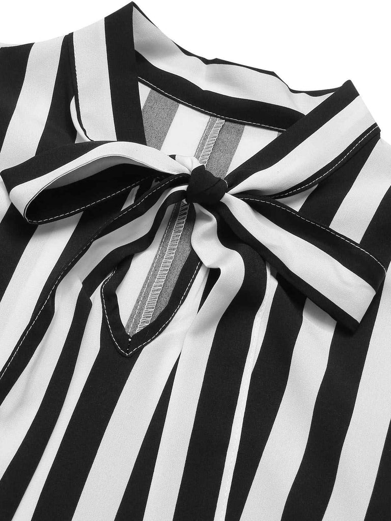 Black 1930s Striped Tie Collar Ruffle Sleeves Blouse, vintage top, retro blouse - perfect for women who love vintage and retro fashion