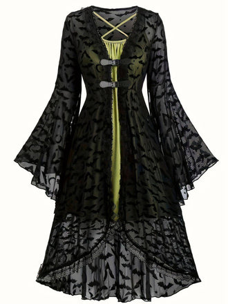 2PCS Black 1940s Bat Mesh Outwear & Green Dress - vintage dress, retro fashion, classic black