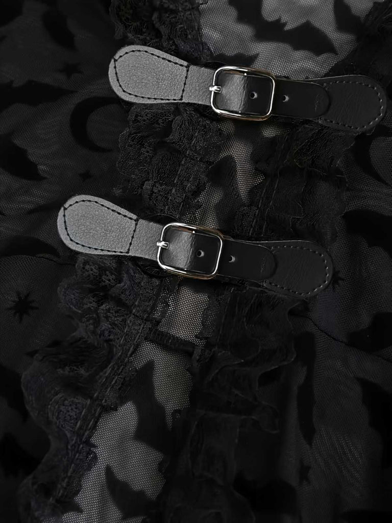 2PCS Black 1940s Bat Mesh Outwear & Green Dress - vintage dress, retro fashion, classic black