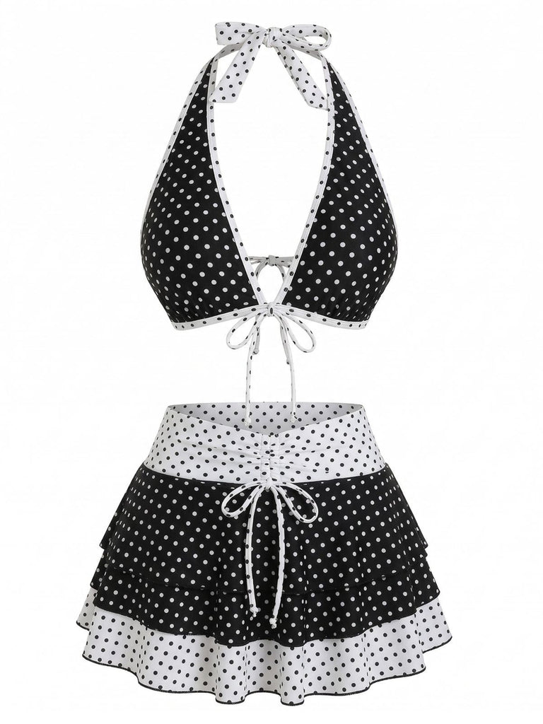 2PCS Black 1940s Polka Dot Halter Bikini Set & Cover-Up - vintage swimsuit, pin-up swimwear for vintage lovers