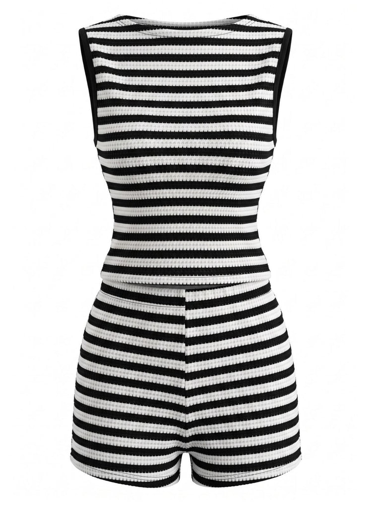 2PCS Black 1940s Striped Sleeveless Top & Hight Waist Shorts