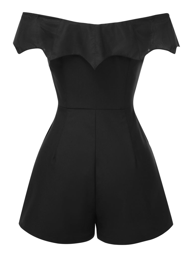 Black 1950s Gothic Bat Off-Shoulder Mesh Romper, vintage romper, retro jumpsuit - perfect for women who love vintage and retro fashion