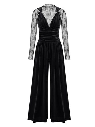2PCS Black 1950s Mesh Top & Velvet Jumpsuit - vintage jumpsuit, retro fashion, classic black