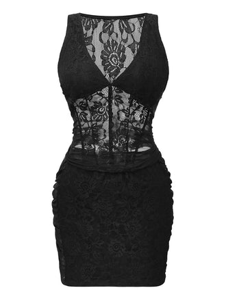 2PCS Black 1960s Lace Floral Sheer Top & Skirt - vintage skirt, retro style, classic black