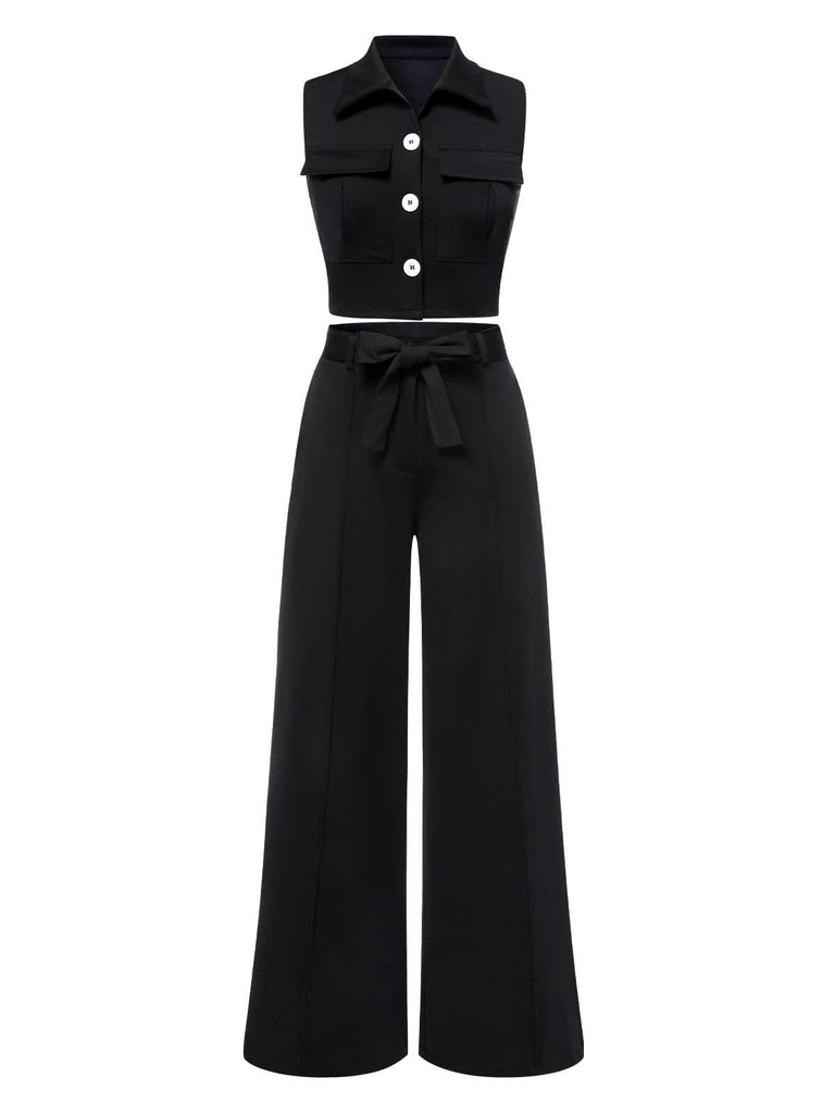She walks in these 2PCS Black 1960s Lapel Sleeveless Vest & Pants and the world follows
