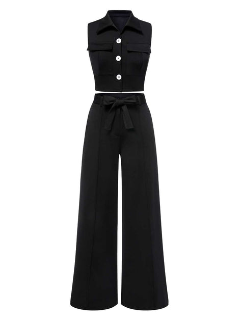トップス 1960s FrenchVintage black vest 2PCS Black 1960s Lapel Sleeveless Vest & Pants | Retro Stage