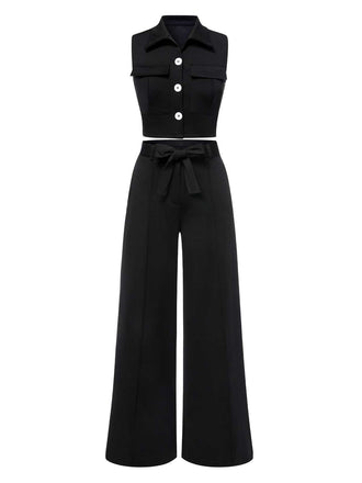 She walks in these 2PCS Black 1960s Lapel Sleeveless Vest & Pants and the world follows