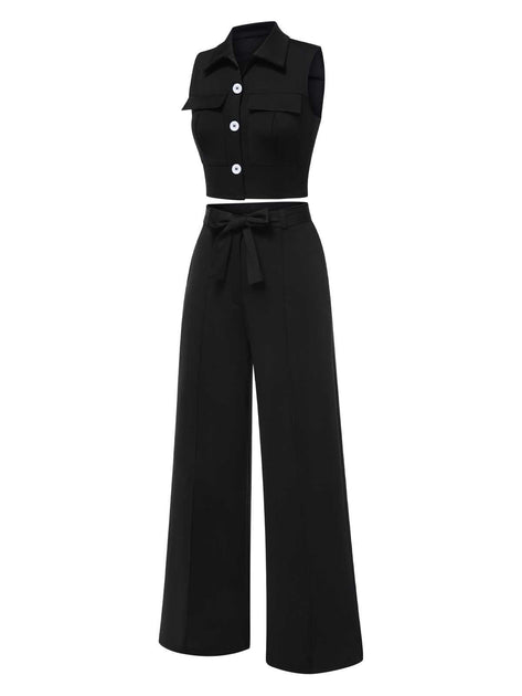 2PCS Black 1960s Lapel Sleeveless Vest & Pants | Retro Stage