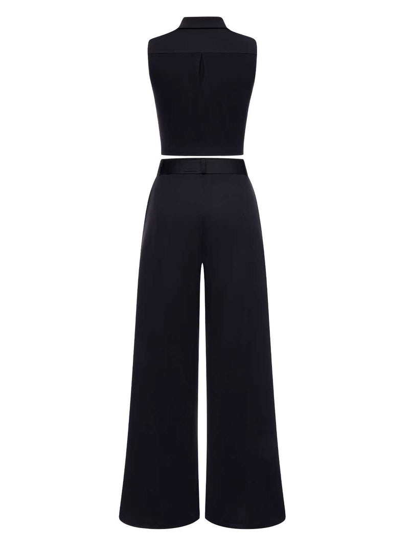 2PCS Black 1960s Lapel Sleeveless Vest & Pants | Retro Stage