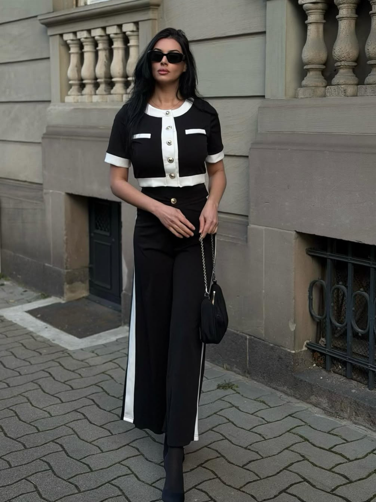 2PCS Black 1960s Solid Buttoned Top & Pants - vintage fashion, retro style, classic black