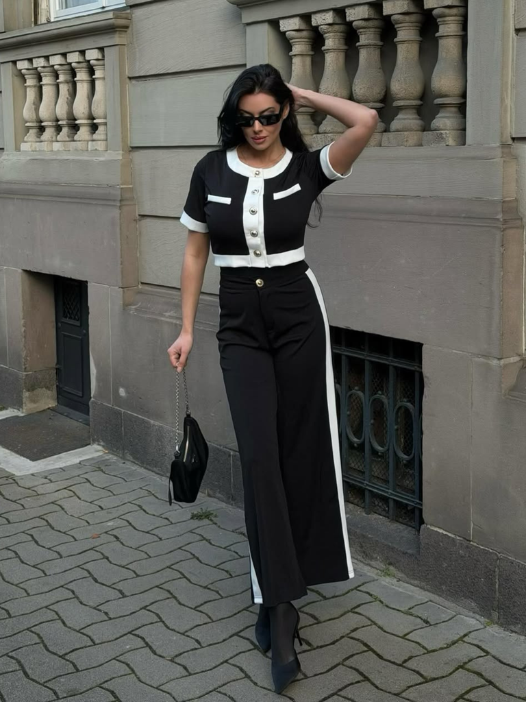 2PCS Black 1960s Solid Buttoned Top & Pants - vintage fashion, retro style, classic black