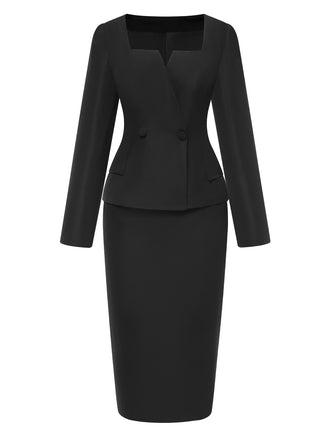 She pairs this 2PCS Black 1960s Solid Square Neck Top & Back-Slit Skirt with confidence and 1960s charm