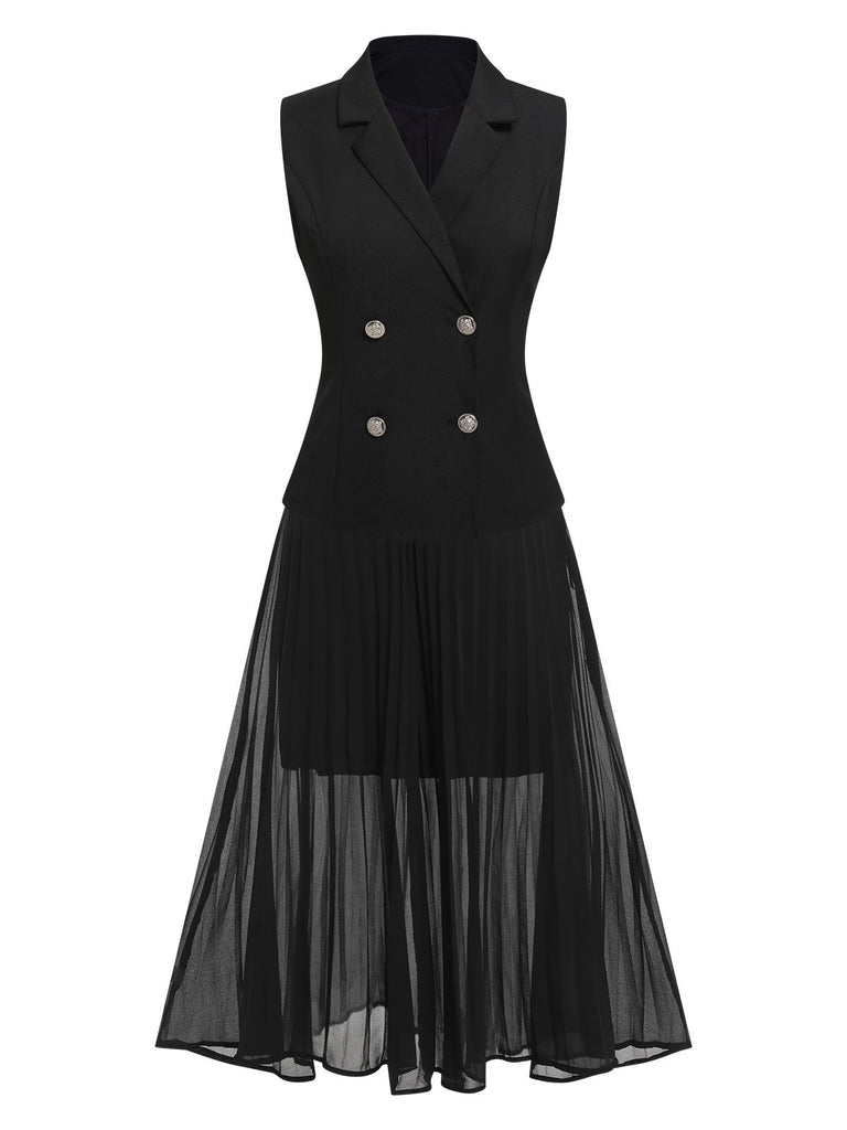 2PCS Black 1960s V-Neck Vest Top & Pleated Skirt: a 1960s classic that whispers rather than shouts