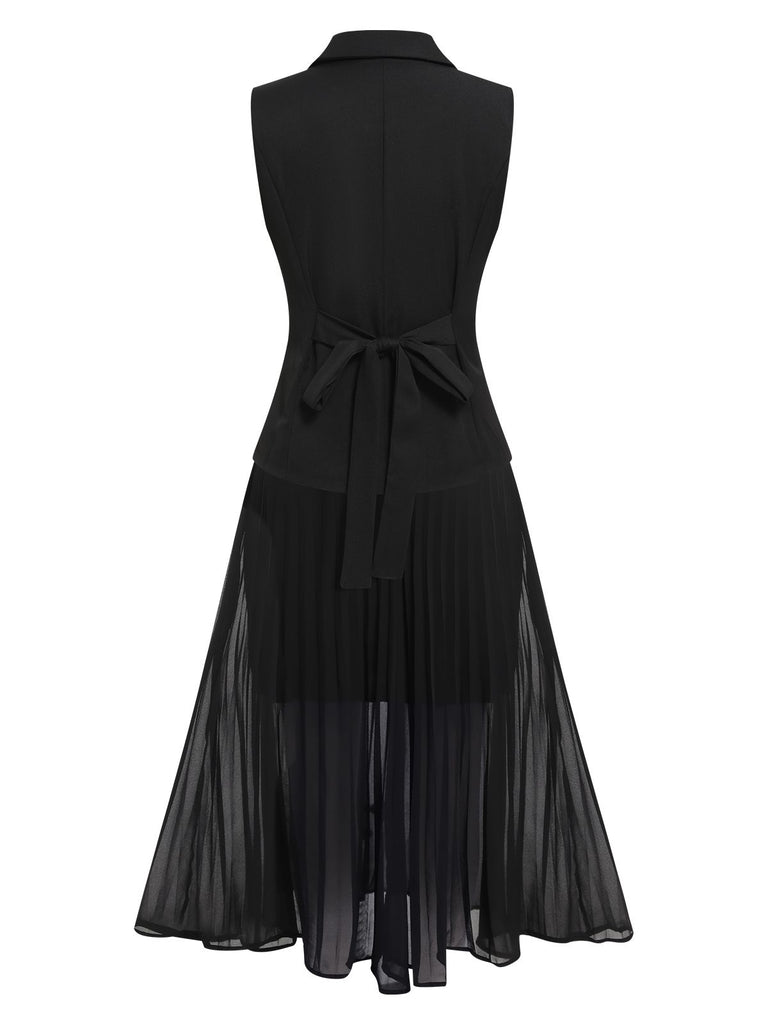 2PCS Black 1960s V-Neck Vest Top & Pleated Skirt — 1960s elegance she can wear anywhere