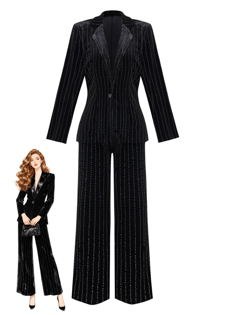 2PCS Black 1960s Velvet Sequin Blazer & Pants Set - vintage fashion, retro style, classic black