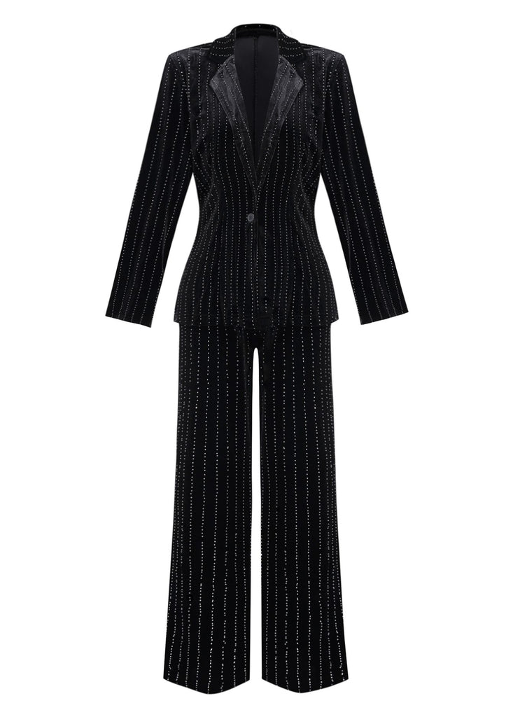 2PCS Black 1960s Velvet Sequin Blazer & Pants Set - vintage fashion, retro style, classic black