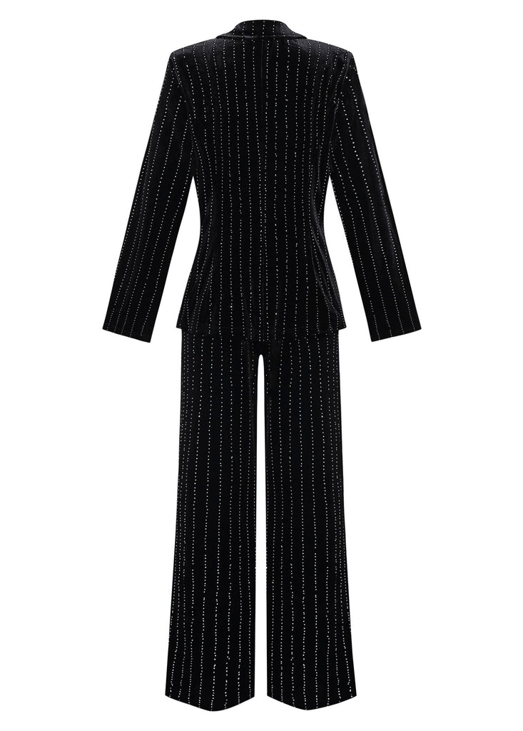 2PCS Black 1960s Velvet Sequin Blazer & Pants Set - vintage fashion, retro style, classic black
