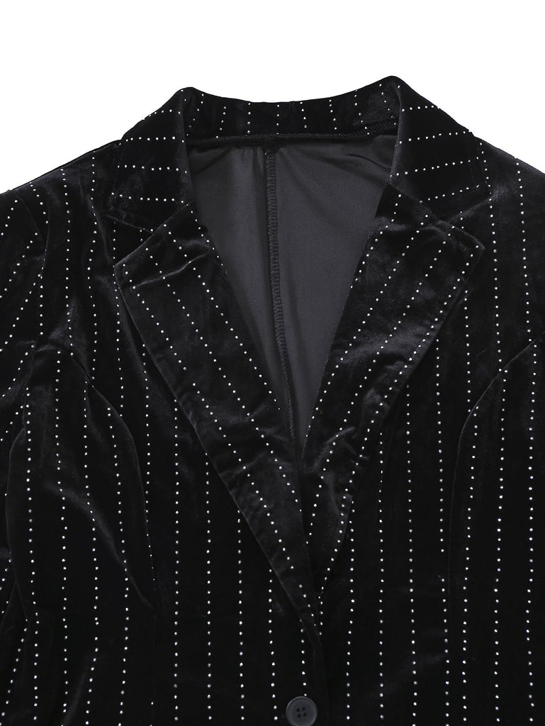 2PCS Black 1960s Velvet Sequin Blazer & Pants Set - vintage fashion, retro style, classic black