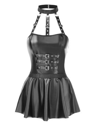 She pairs this 2PCS Black 1980s Gothic PU Leather Halter Top & Skirt with confidence and 1980s charm