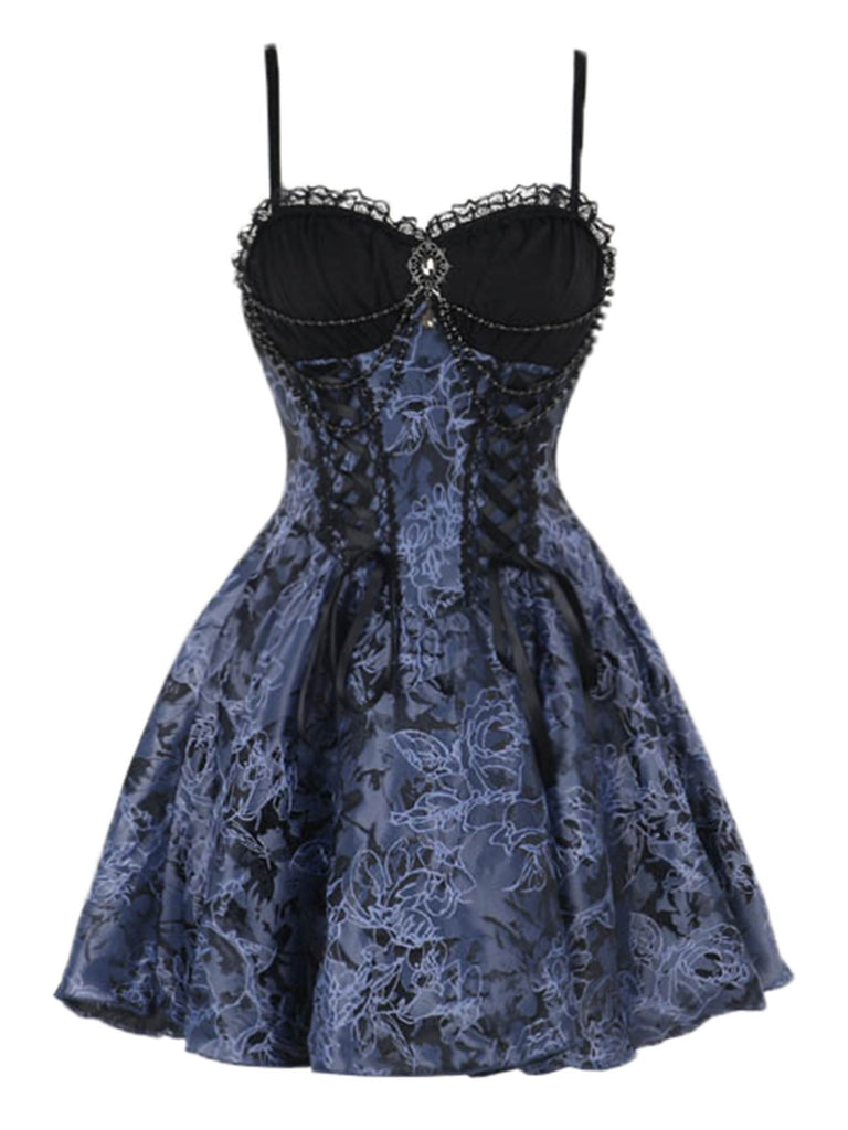 Blue 1980s Gothic Steampunk Floral Print Lace Patchwork Bubble Dress, vintage dress, retro fashion, floral print, lace detail - perfect for women who love vintage and retro fashion