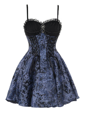 Blue 1980s Gothic Steampunk Floral Print Lace Patchwork Bubble Dress, vintage dress, retro fashion, floral print, lace detail - perfect for women who love vintage and retro fashion