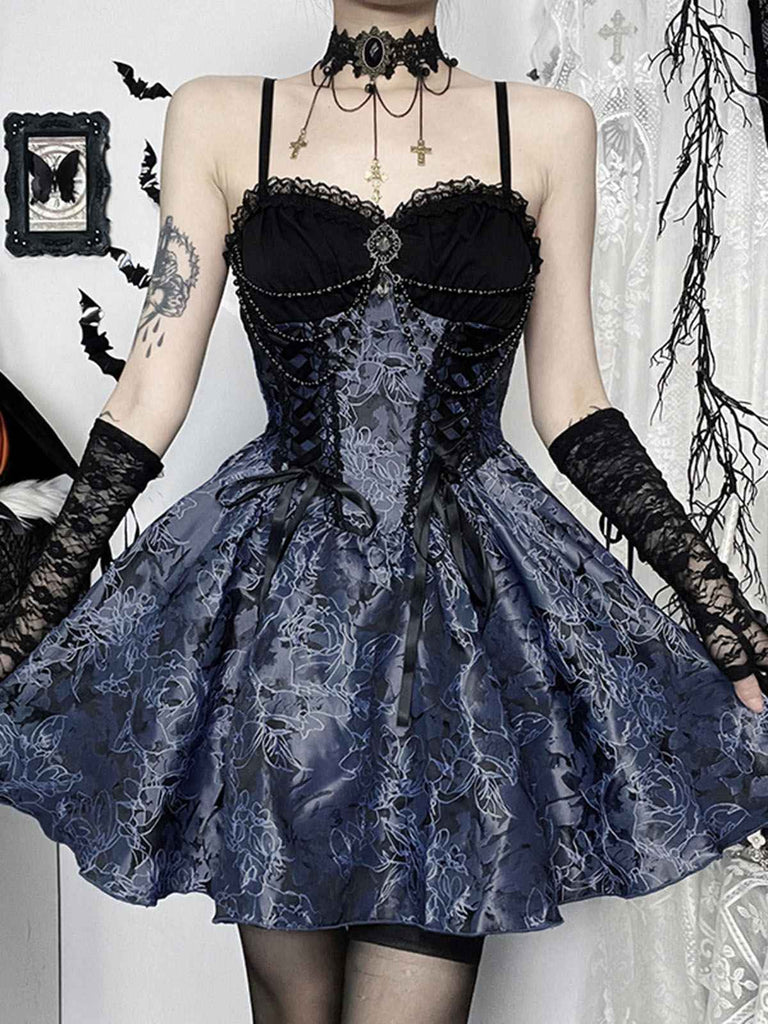 Blue 1980s Gothic Steampunk Floral Print Lace Patchwork Bubble Dress, vintage dress, retro fashion, floral print, lace detail - perfect for women who love vintage and retro fashion
