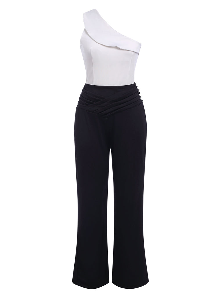 2PCS Black & White 1950s One-Shoulder Top & Pants, vintage top, retro blouse - perfect for women who love vintage and retro fashion