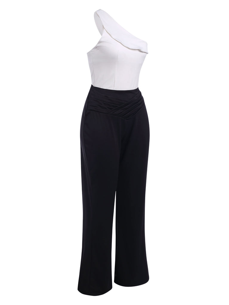 2PCS Black & White 1950s One-Shoulder Top & Pants, vintage top, retro blouse - perfect for women who love vintage and retro fashion