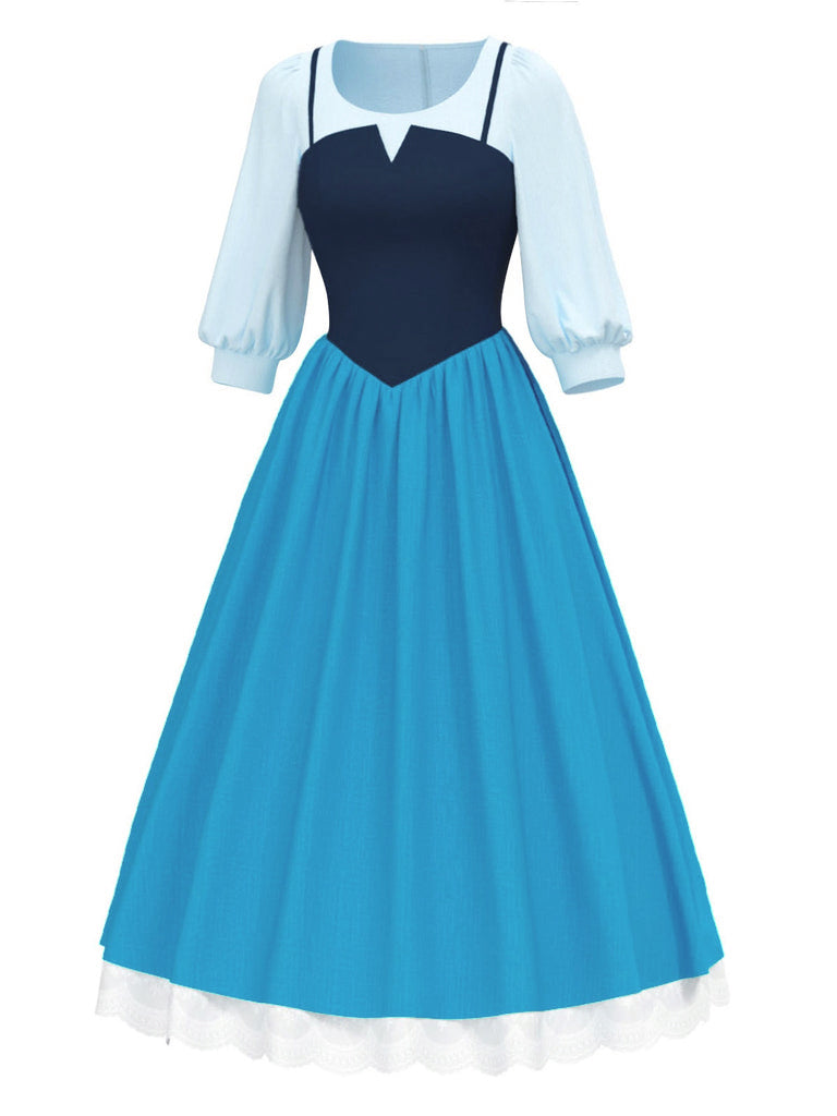 2PCS Blue 1940s Blouse & Colorblock Suspender Dress: where 1940s romance meets her modern spirit