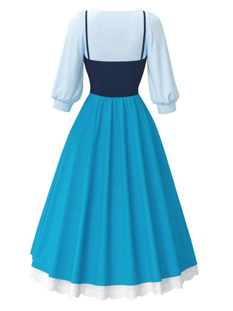 This 2PCS Blue 1940s Blouse & Colorblock Suspender Dress wraps her in 1940s elegance, one twirl at a time