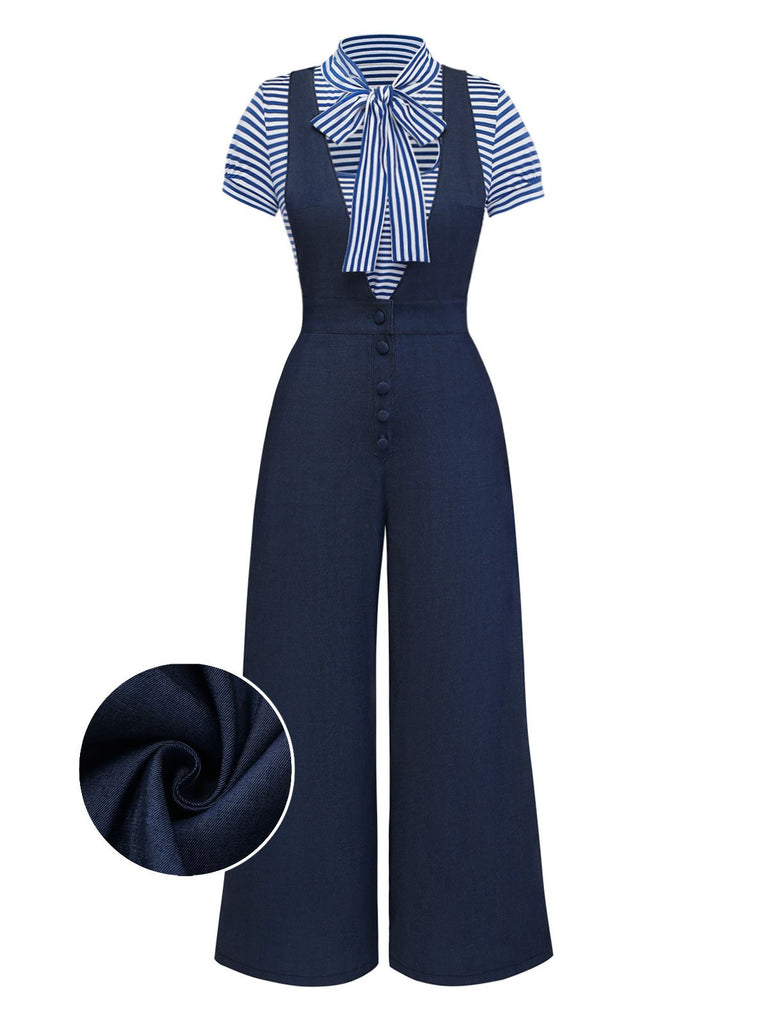 Front view of a navy blue 1940s style jumpsuit set featuring a blue and white striped tie-neck top and wide-leg trousers.