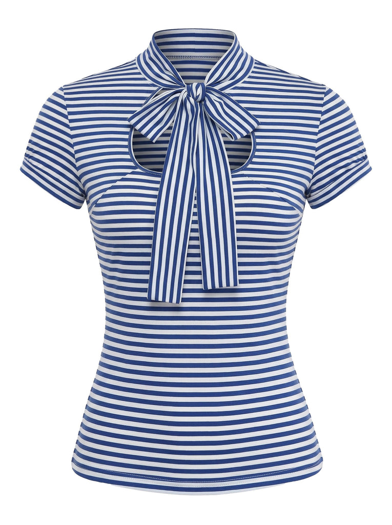 A blue and white horizontal striped blouse with a pussy-bow neckline and feminine cap sleeves.