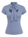 A blue and white horizontal striped blouse with a pussy-bow neckline and feminine cap sleeves.